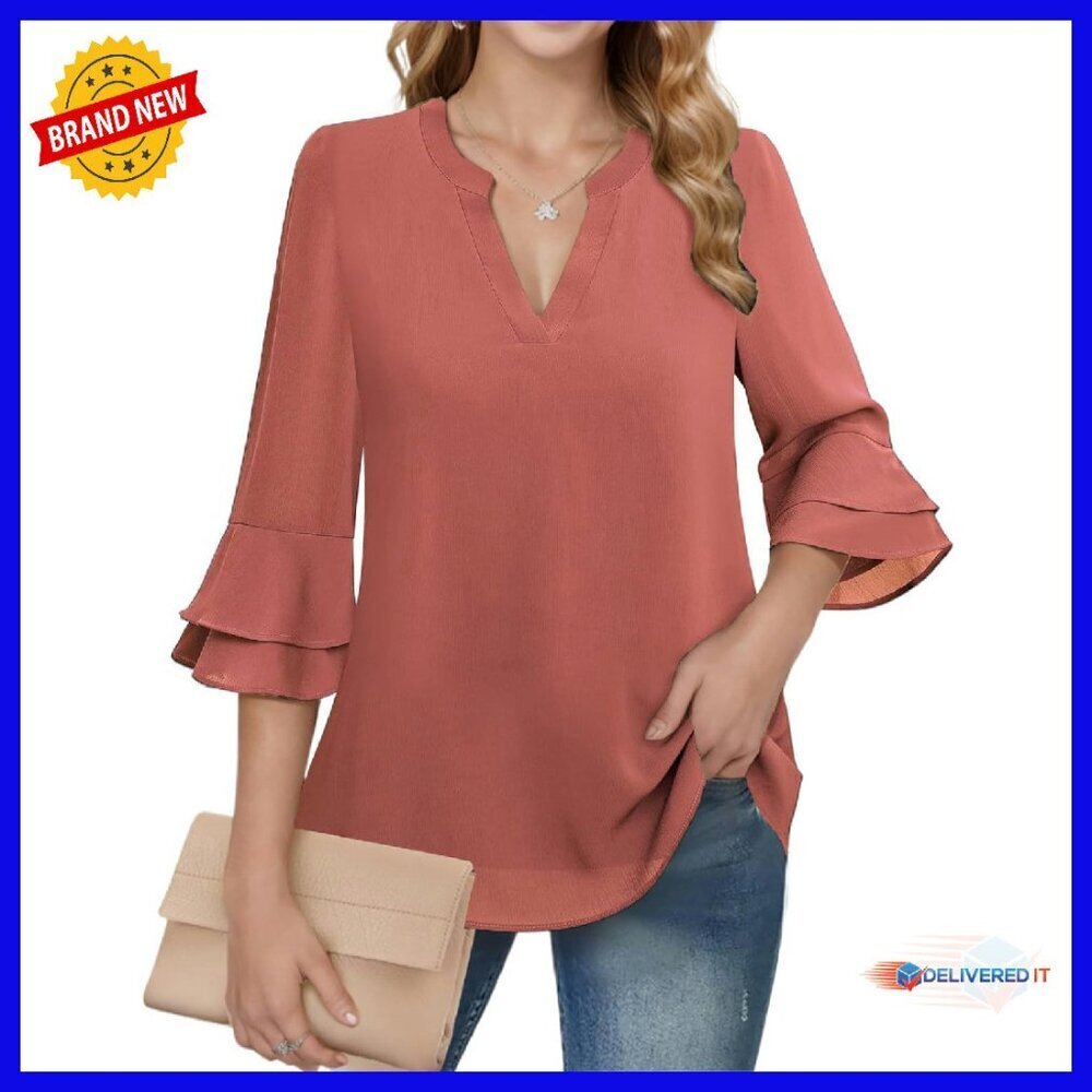 Women's V Neck Tiered Bell Sleeve Chiffon Blouse Tunic Top